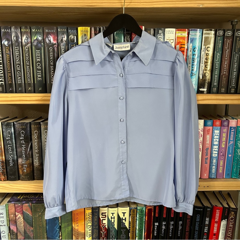 Vintage Josephine Blue Polyester Flowy Button Down Blouse Top Size 10